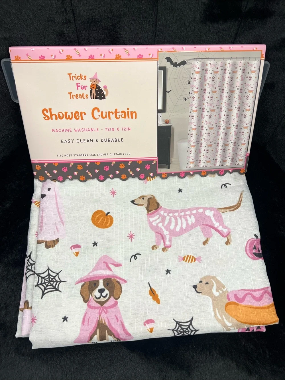 Pink Dachshund Pug Halloween Fabric Shower Curtain